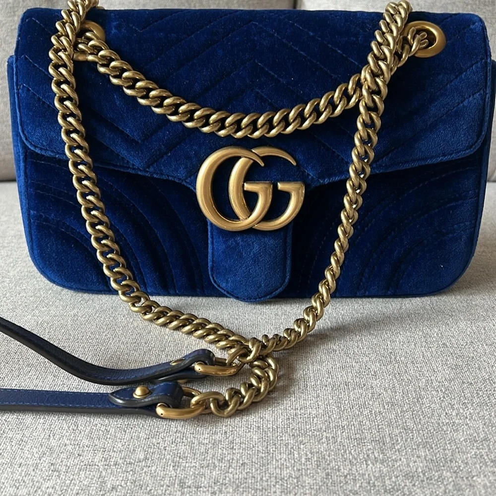 New Gucci GG Velvet Matelasse Small Marmont Shoulder Bag Cobalt Blue - Picture 5 of 17